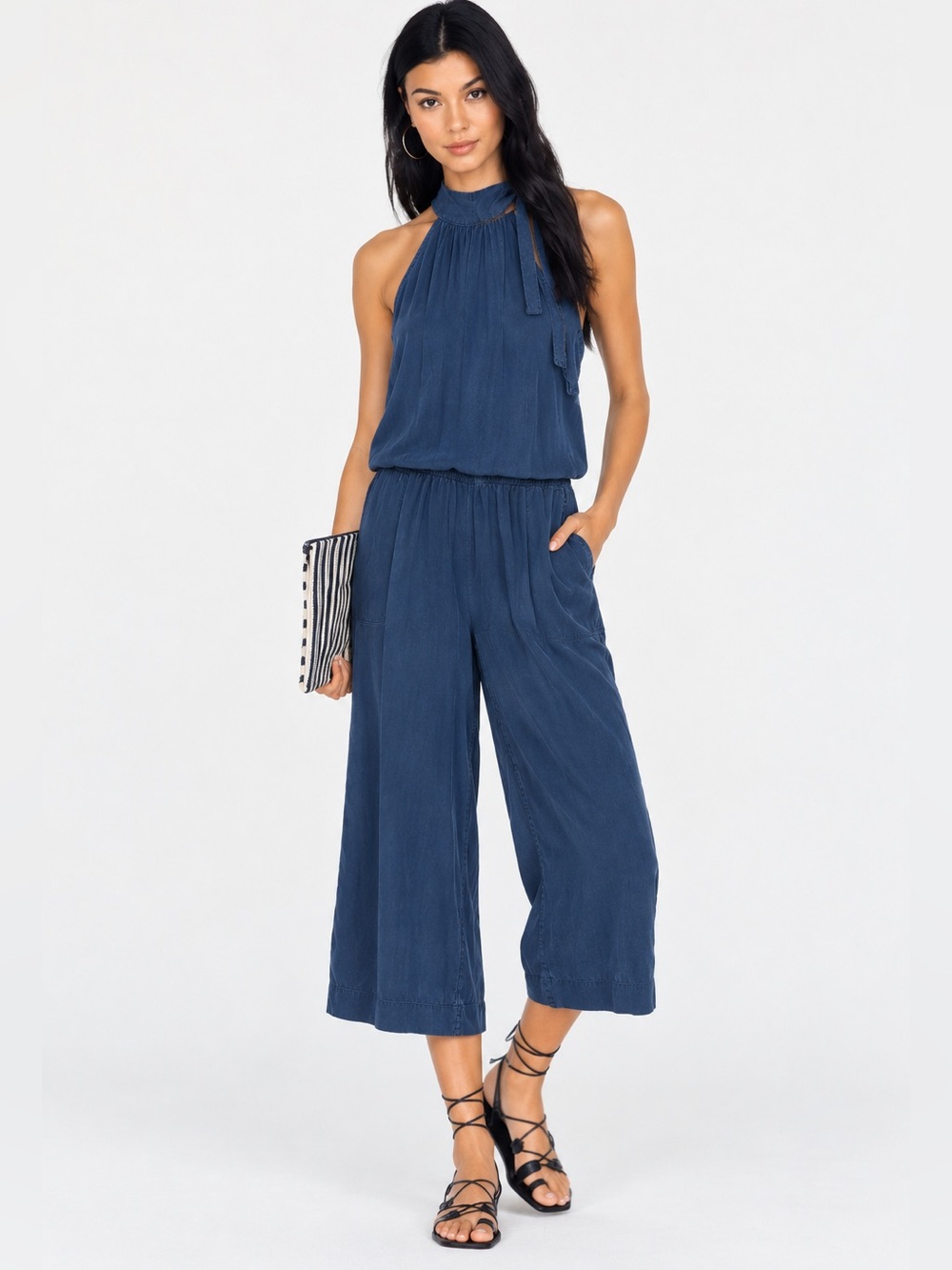 Anthropologie Cloth & Stone Halter Jumpsuit Wide Leg Blue Chambray Small